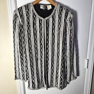 VTG Carina Silk Sequin Beaded Blazer Sz Lg Silver Black Holiday Evening Jacket